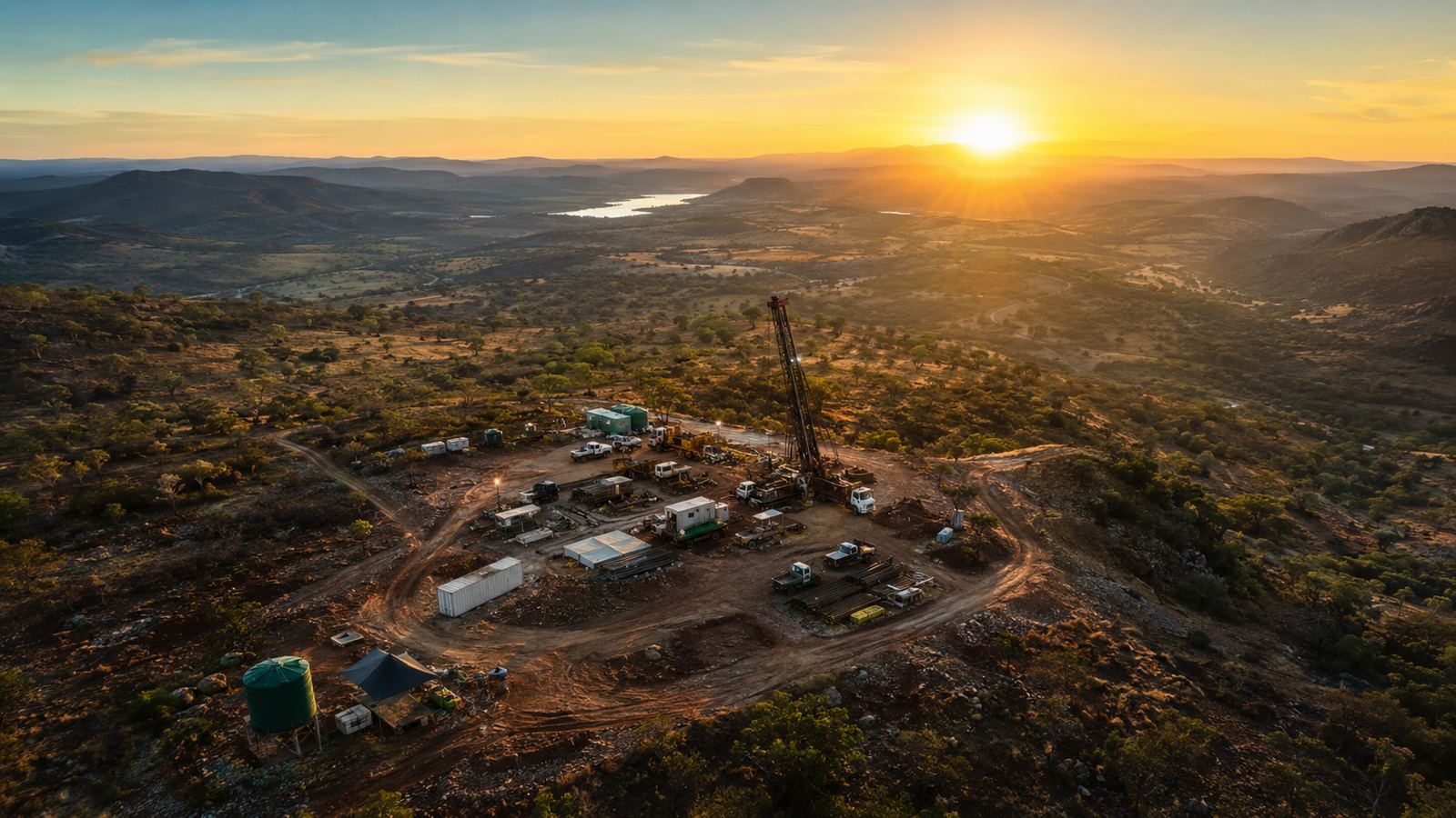 Illustrative aerial photograph of an exploration drill site at sunset