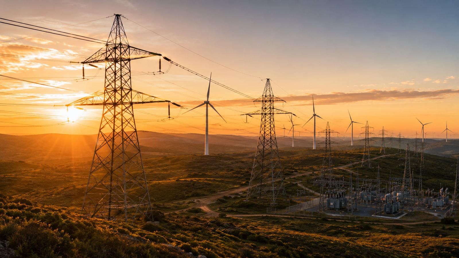 Transmission lines and wind turbines at sunset