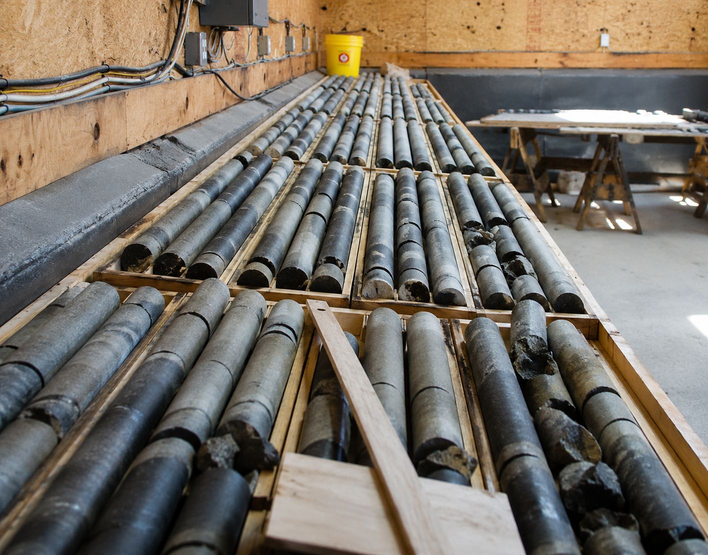 Drill core trays laid out for logging