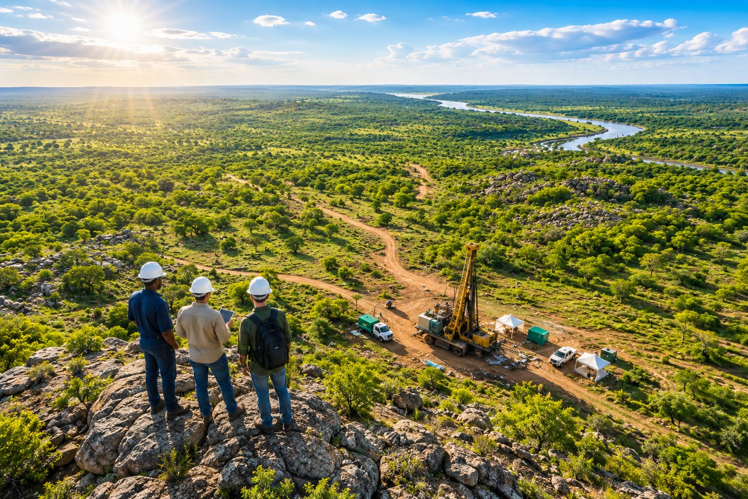 Geologists overlooking a drill site from a rocky outcrop