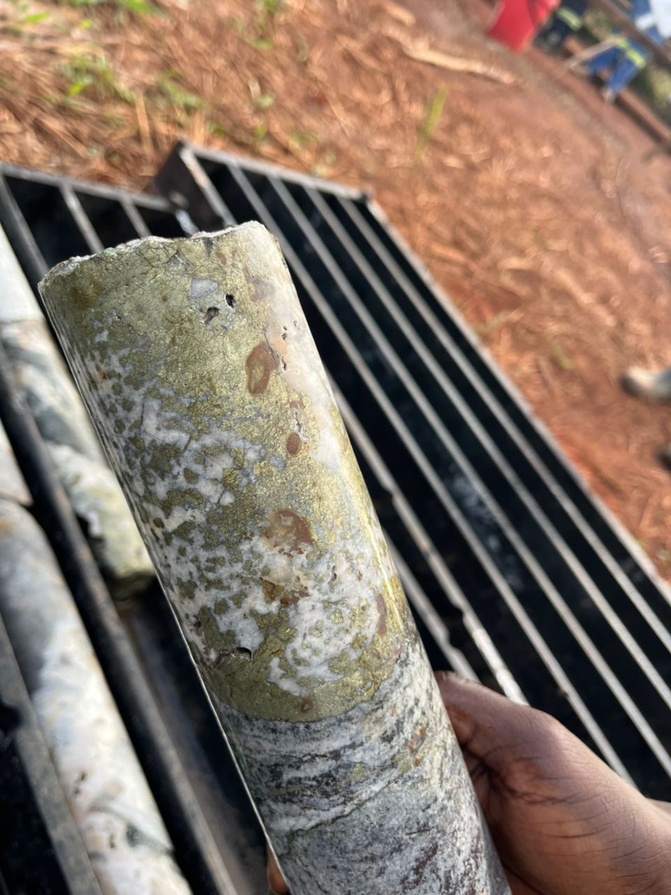 Illustrative photograph of chalcopyrite in carbonate veins in drill core