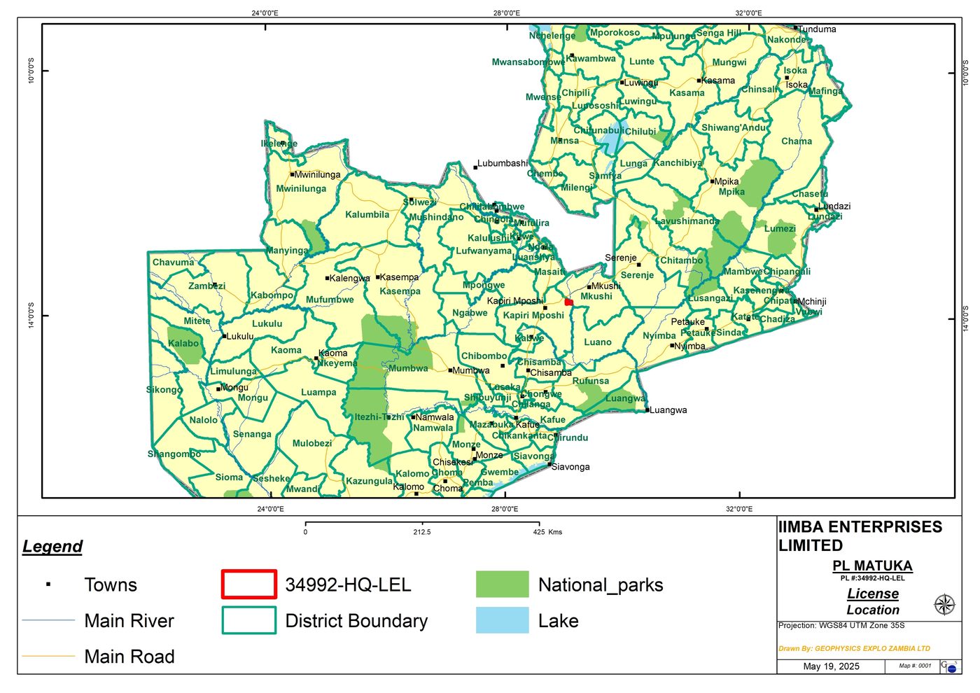 Matuka Project location map, Mkushi–Kapiri Mposhi Districts, Central Province, Zambia