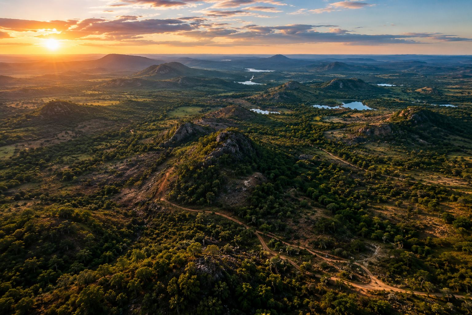 Aerial drone photograph of Zambia's varied exploration landscapes at sunset
