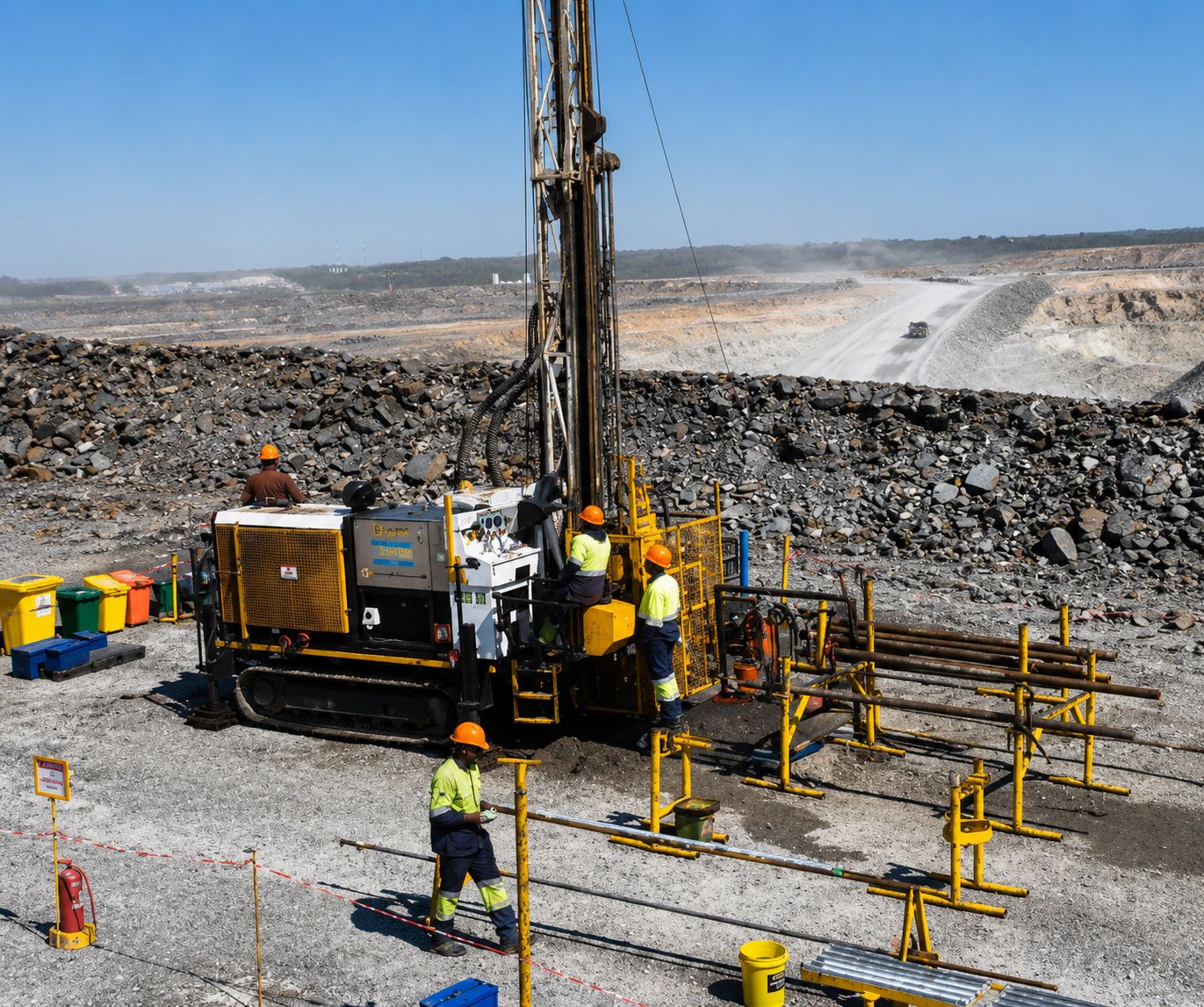 Exploration drilling rig operating in an open pit landscape