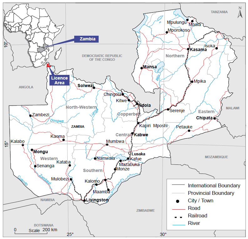 Premium map of Zambia highlighting the Copperbelt and Jimbe project locations